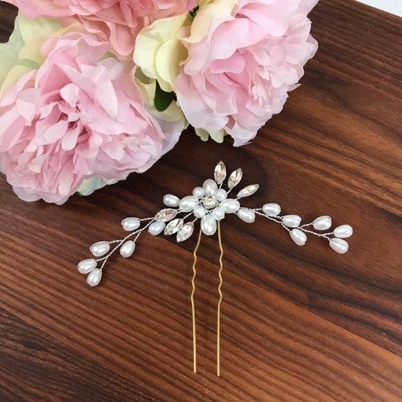 2 Pcs Crystal & Pearl Floral Vine Bridal Hair Pin - Picture 5 of 7